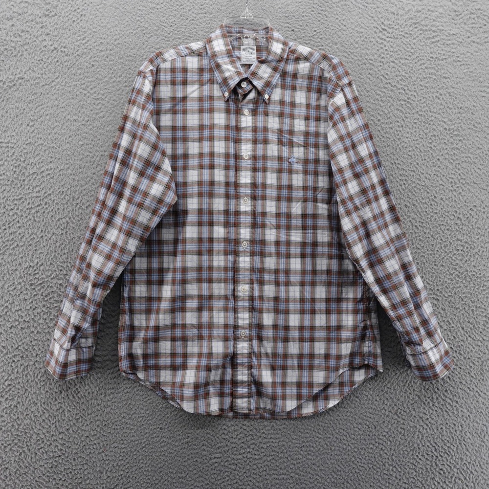 Brooks Brothers Regent Plaid Shirt Long Sleeve L‎ Brown Blue Cotton Mens Casual